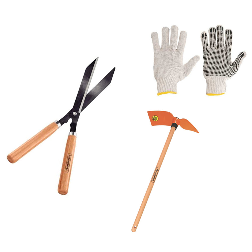 CONJUNTO JARDINAGEM 2 PEÇAS TESOURA E MINI PICARETA TRAMONTINA MAIS LUVAS BRINDE