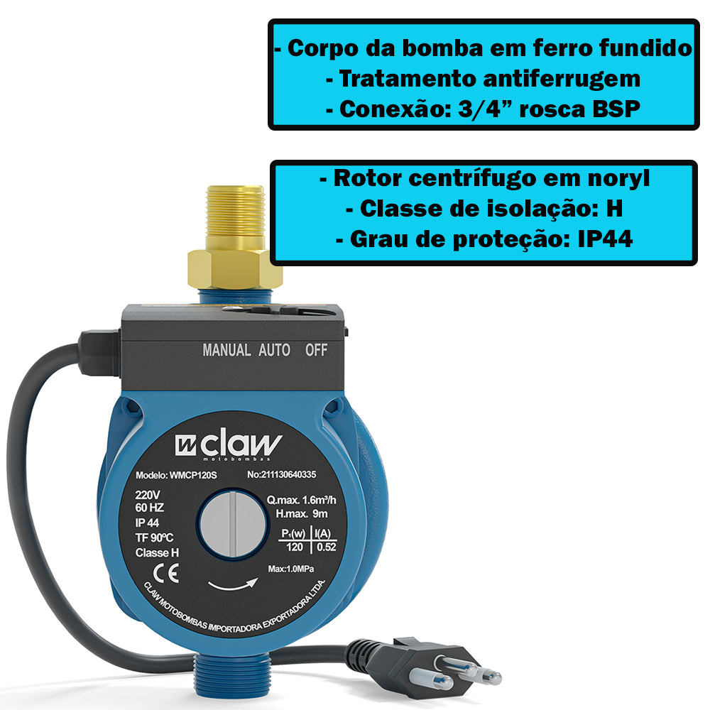 Bomba Circulação e Pressurização 120W WMCP120S Rosca de 3/4" 220V Claw