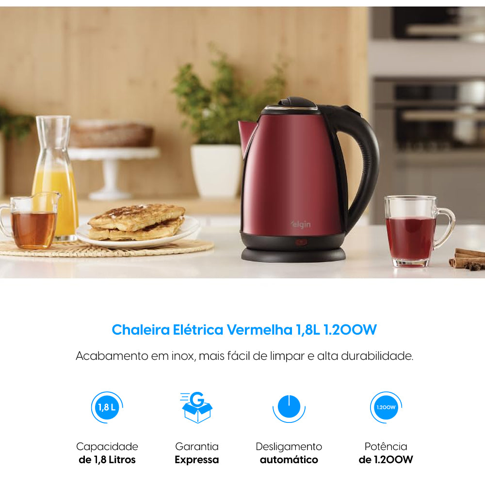 Chaleira Elétrica em Inox sem Fio 1,8 Litros Vermelha 220v Elgin