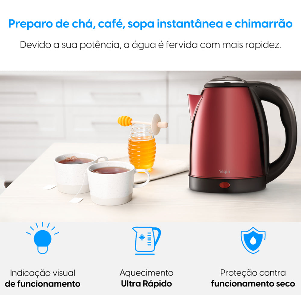 Chaleira Elétrica em Inox sem Fio 1,8 Litros Vermelha 127v Elgin