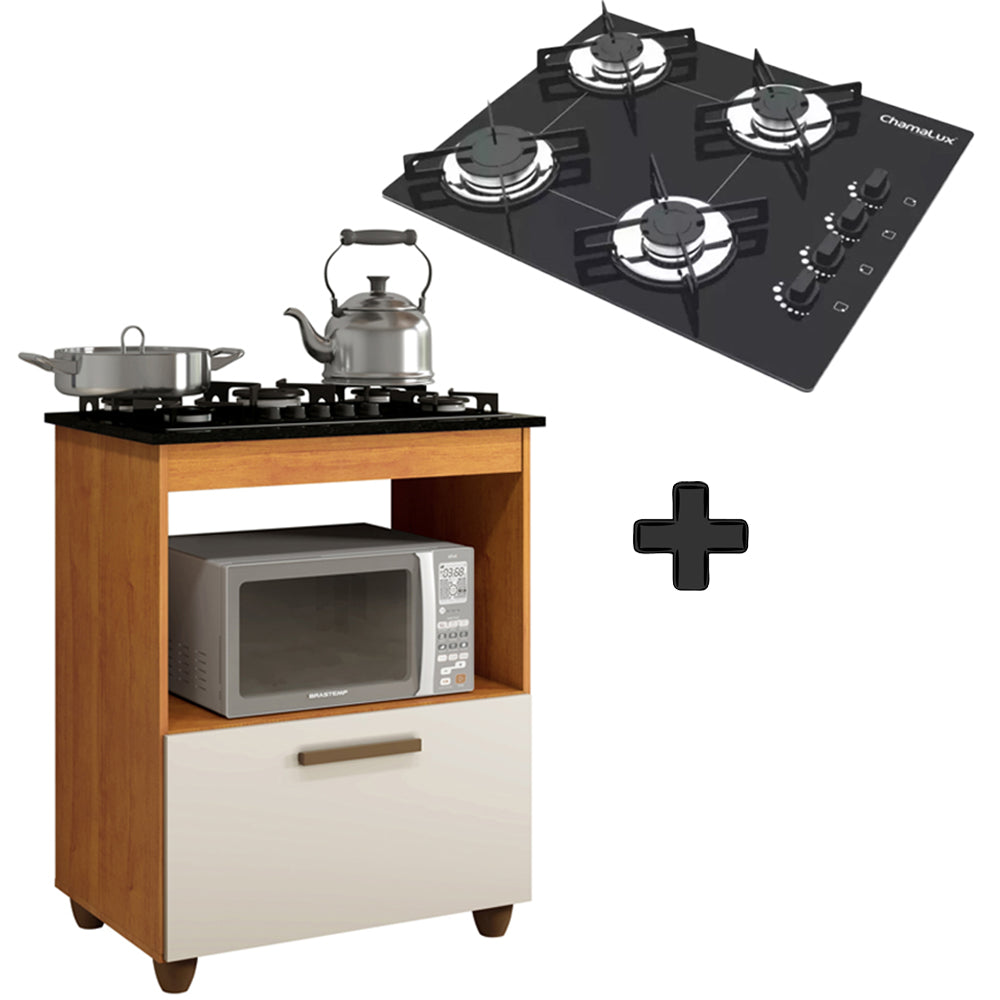 KIT BALCÃO SALVIA MAIS FOGÃO COOKTOP 4 BOCAS PRETO CHAMALUX