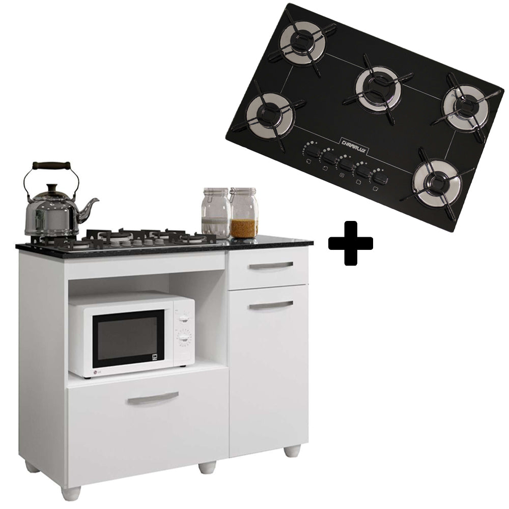 Kit Balcão Cooktop 2 Porta Basculante Violeta Branco com Fogão Cooktop 5 Bocas