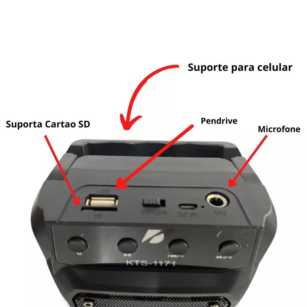 CAIXA DE SOM PORTÁTIL COM BLUETOOTH RÁDIO SUPORTE PARA CELULAR KTS-1171