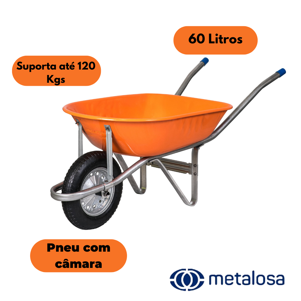 Carrinho de Mão Reforçado Aço Galvanizado 60 Litros Metalosa