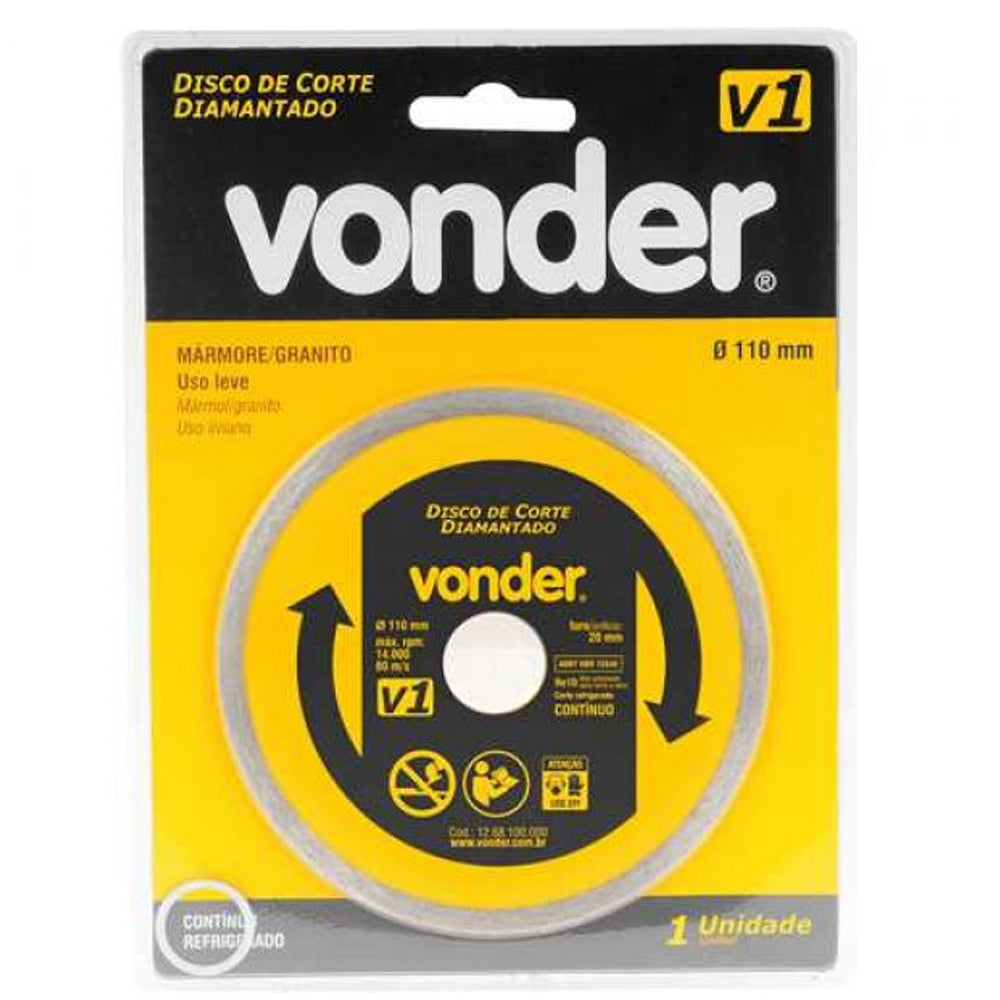DISCO DE CORTE DIAMANTADO 110 MM FURO DE 20 MM ANEL CONTÍNUO V1 VONDER