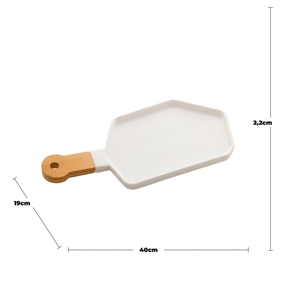 Petisqueira Porcelana com Cabo Bambu Branco Matt 40x19cm- Bon Gourmet