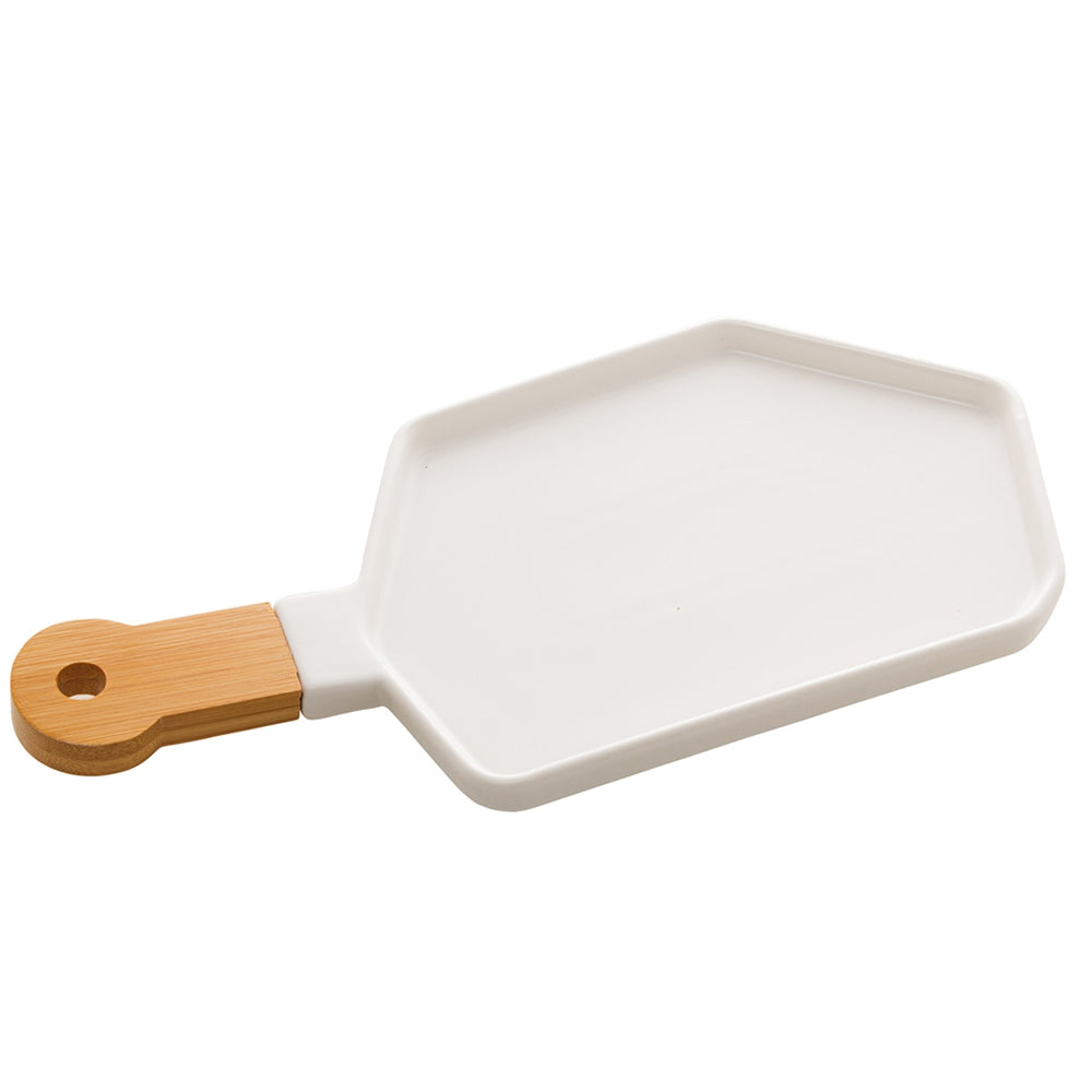 Petisqueira Porcelana com Cabo Bambu Branco Matt 40x19cm- Bon Gourmet