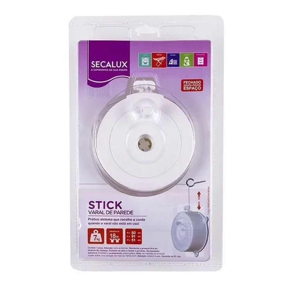Varal de Parede Esticar Stick Branco com Corda de 18m Secalux