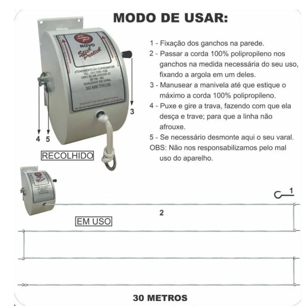 Varal de Parede Esticar Stick Branco com Corda de 18m Secalux