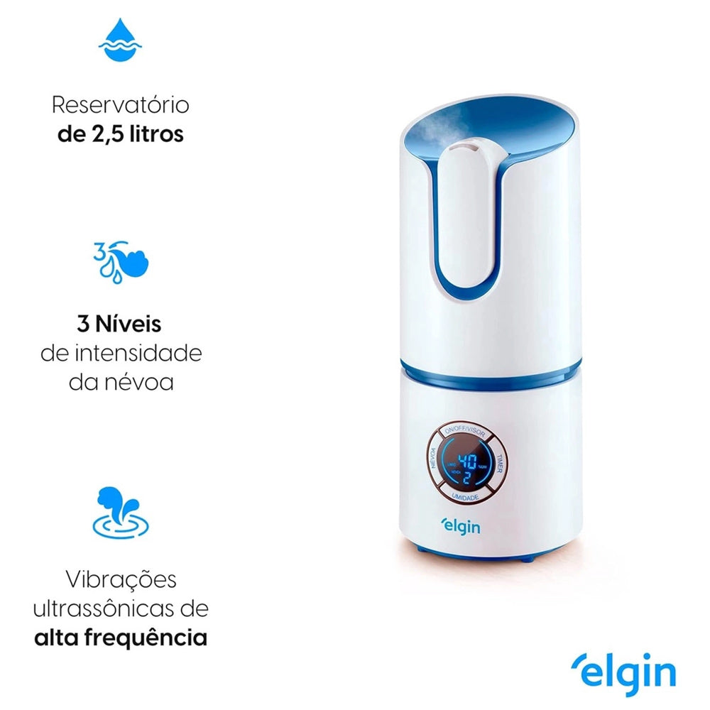 UMIDIFICADOR DE AR ULTRASSÔNICO DIGITAL INTELIGENTE COM MEDIDOR DE TEMPERATURA E UMIDADE DO AR 2,5 LITROS BIVOLT ELGIN
