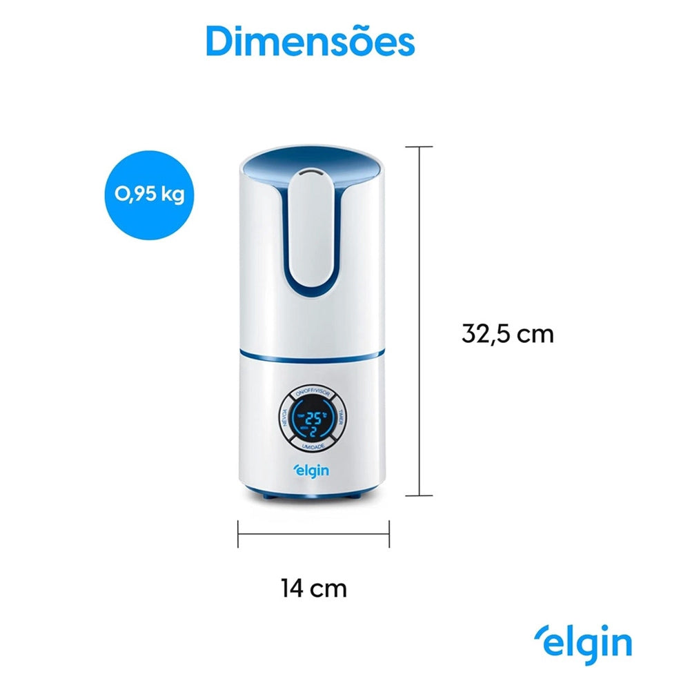 UMIDIFICADOR DE AR ULTRASSÔNICO DIGITAL INTELIGENTE COM MEDIDOR DE TEMPERATURA E UMIDADE DO AR 2,5 LITROS BIVOLT ELGIN