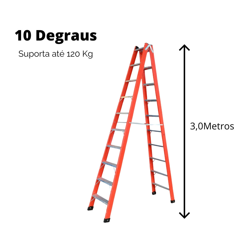Escada Dupla de Aluminio e Fibra de Vidro Residencial 10 Degraus 3 Metros