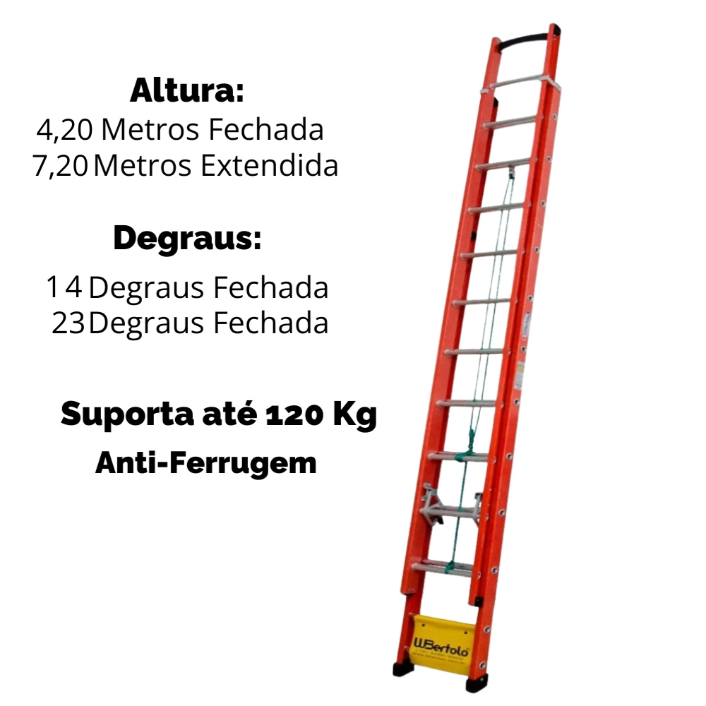 Escada Aluminio e Fibra de Vidro Extensível 7,2 Metros Profissional 23 Degraus com Catraca