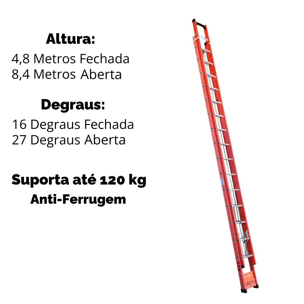 Escada Aluminio e Fibra de Vidro Extensível 8,4 Metros Profissional 27 Degraus com Catraca