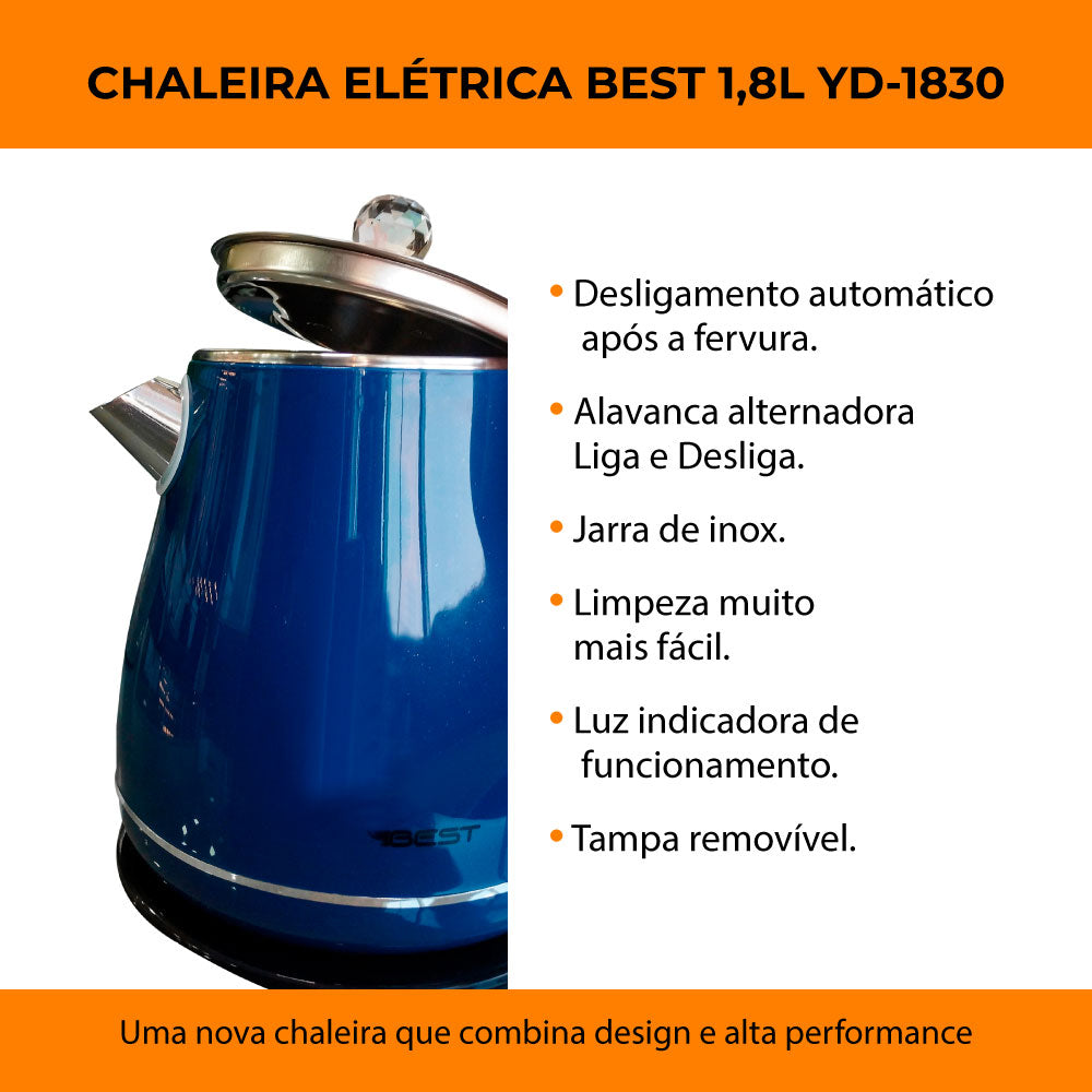 Chaleira Jarra Bule Eletrica Térmica Yd-1830c 127v Azul Best