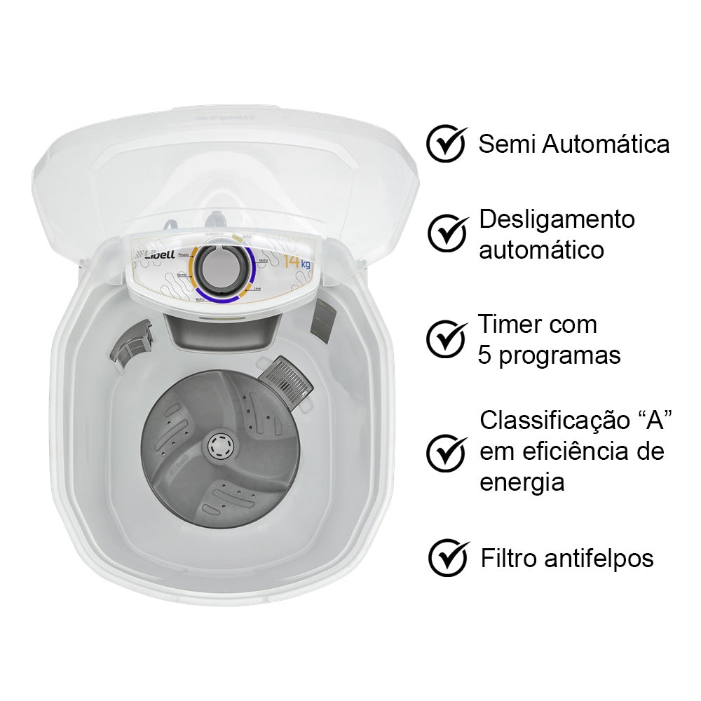 Tanquinho Lavadora 450W Semi Automático 14Kg Com 5 Programas 110V Libell Branco