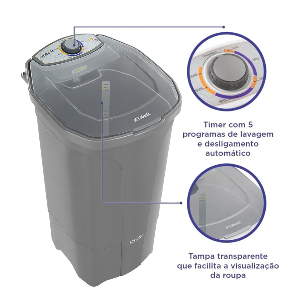 TANQUINHO DE LAVAR ROUPA SEMI AUTOMÁTICO LAVADORA 14KG LIBELL 110V SISTEMA DE TURBILHONAMENTO COR PRATA