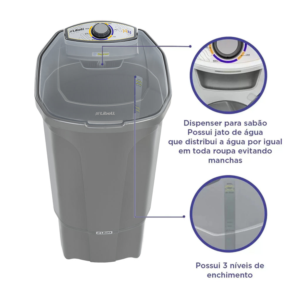 TANQUINHO DE LAVAR ROUPA SEMI AUTOMÁTICO LAVADORA 14KG LIBELL 220V SISTEMA DE TURBILHONAMENTO COR PRATA