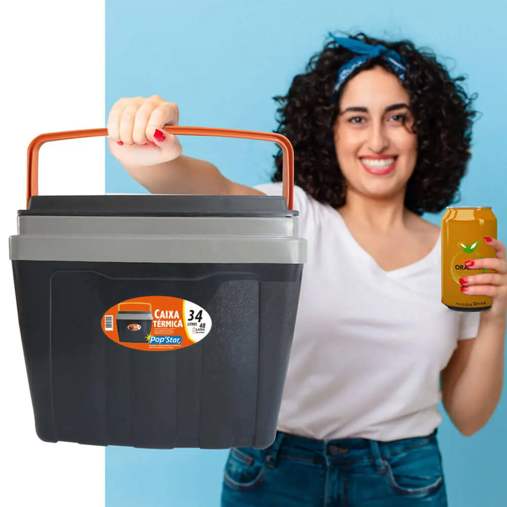 CAIXA TÉRMICA COOLER 34 LITROS TAMPA COM PORTA COPO CAMPING PESCA