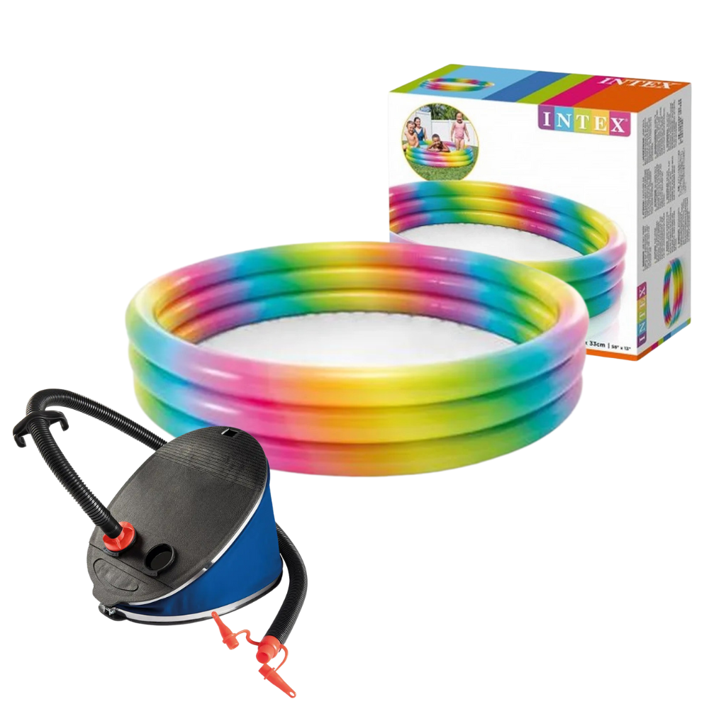 Piscina Infantil Inflável Arco Iris 330 Litros Com Inflador Fole de Pé Grande Intex