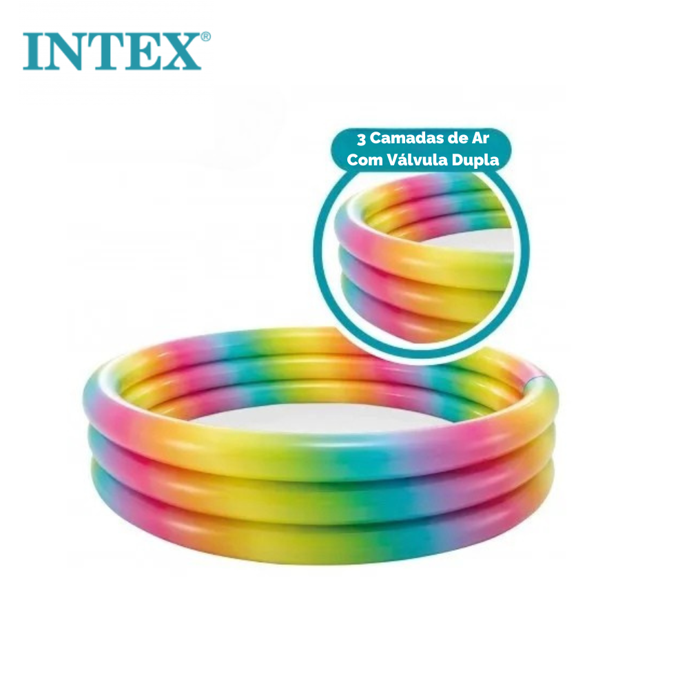 Piscina Infantil Inflável Arco Iris 330 Litros Com Inflador Fole de Pé Grande Intex