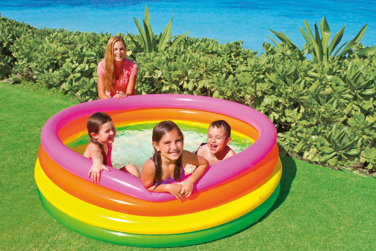 Piscina Infantil Inflável Colorida Pôr do Sol 780 Litros Intex Com Inflador de Pé Grande
