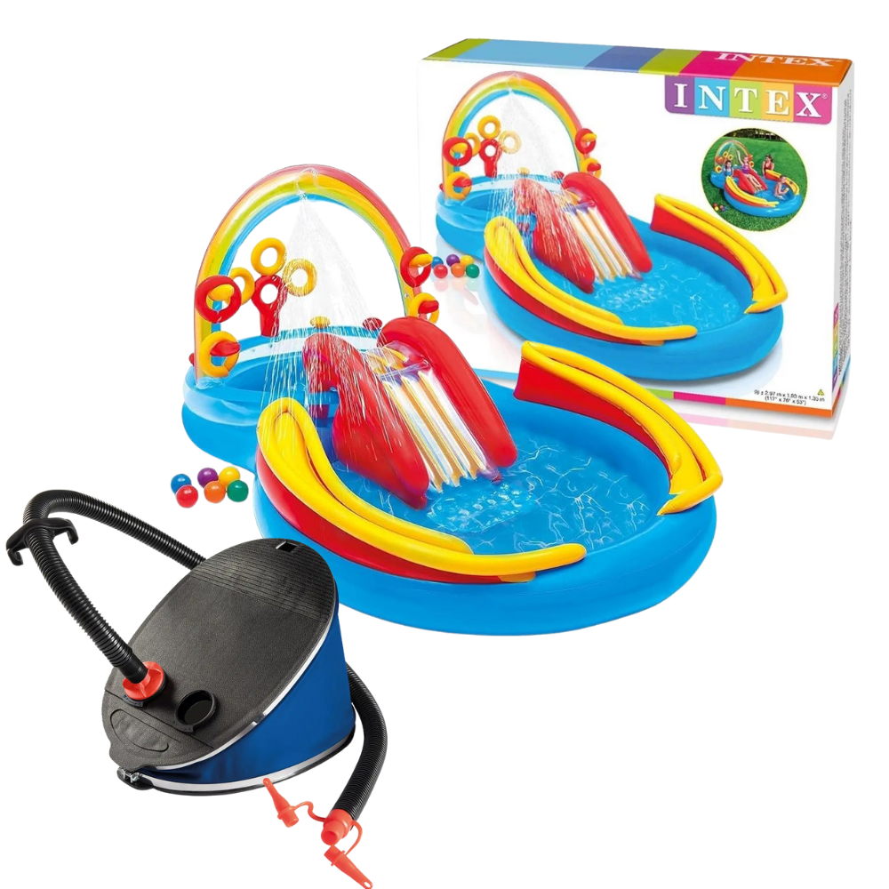 Piscina Infantil Inflável Arco Iris Tobogã 227 Litros Com Fole de Pé Inflador Grande Intex