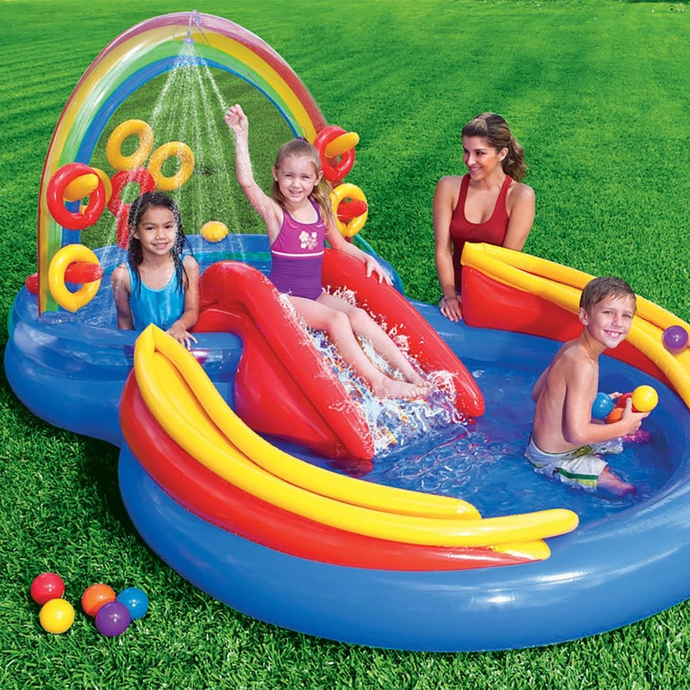 Piscina Infantil Inflável Arco Iris Tobogã 227 Litros Com Fole de Pé Inflador Grande Intex