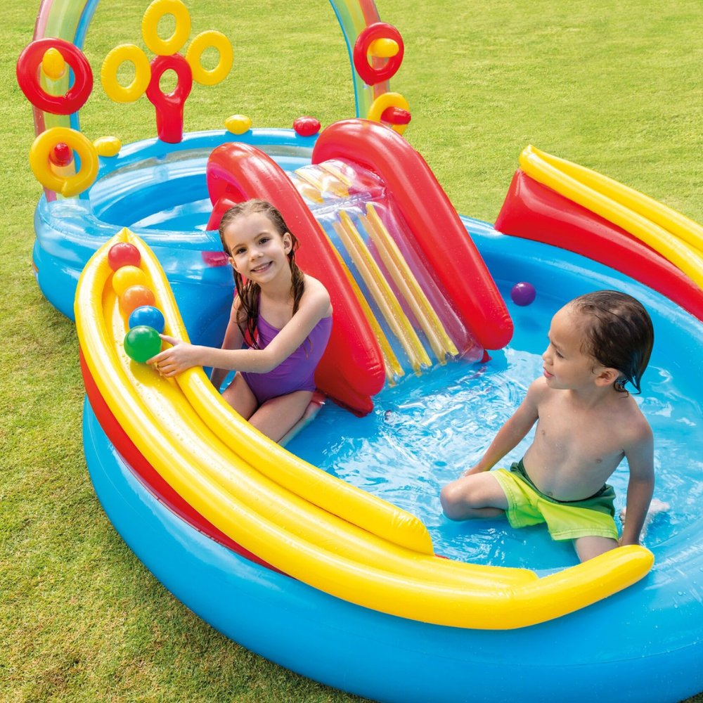 Piscina Infantil Inflável Arco Iris Tobogã 227 Litros Com Fole de Pé Inflador Grande Intex