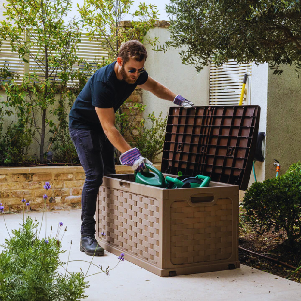 Bau Caixa Organizadora Multiuso e Banco Plástico para 2 pessoas Rattan 335 Litros Marrom Starplast