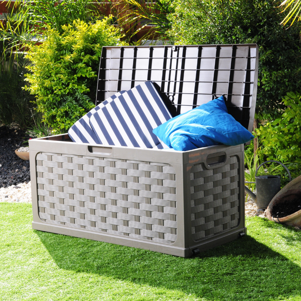 Bau Caixa Organizadora Multiuso e Banco Plástico para 2 pessoas Rattan 335 Litros Marrom Starplast