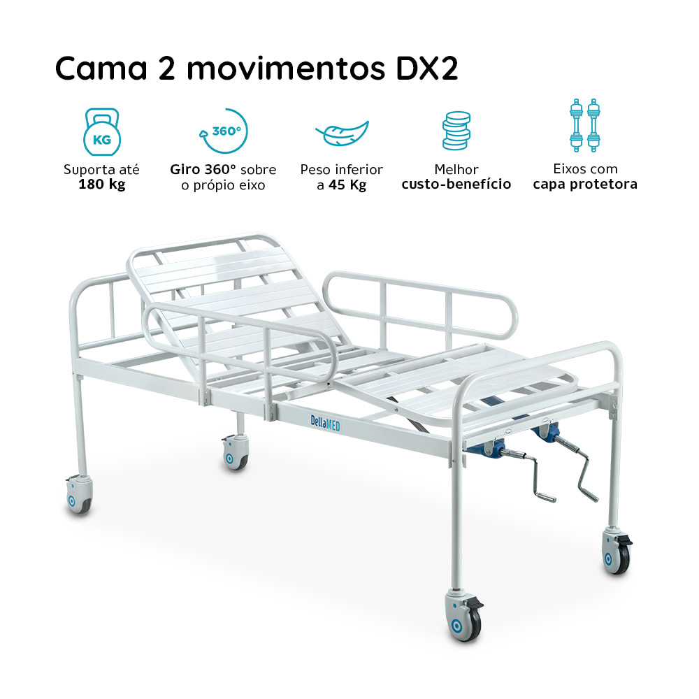 Combo Cama Hospitalar DX2 2 Movimentos até 180kg com Rodas e Grades Dellamed