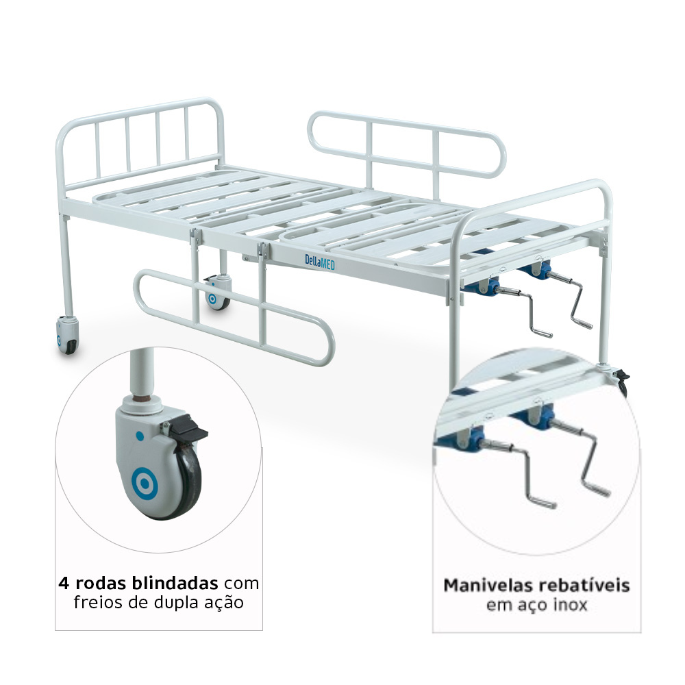 Combo Cama Hospitalar DX2 2 Movimentos até 180kg com Rodas e Grades Dellamed