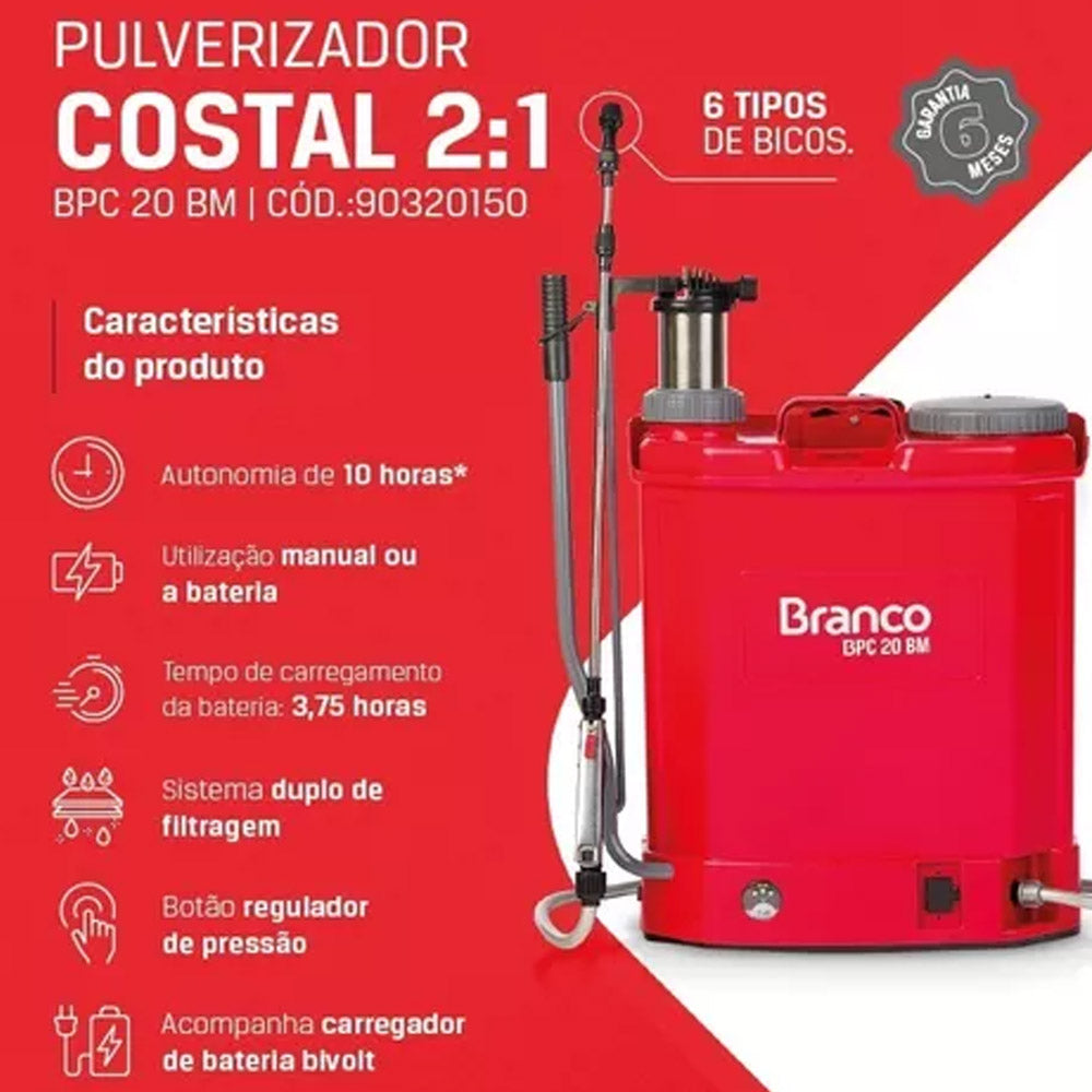 PULVERIZADOR 21 LITROS COSTAL BATER BPC 20 BM BRANCO MOTORES