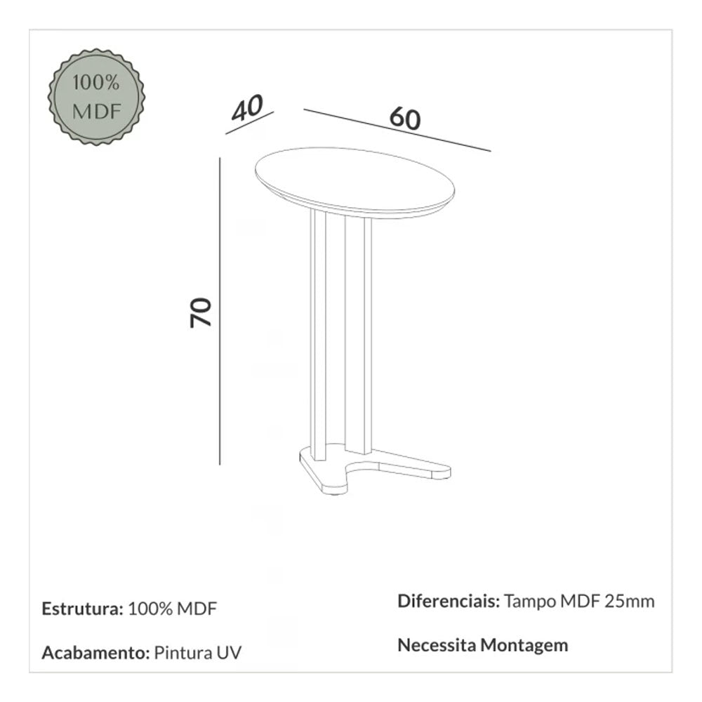Mesa de Canto Oval Auxiliar para Sofá 60 Cm Off White Dalla Costa