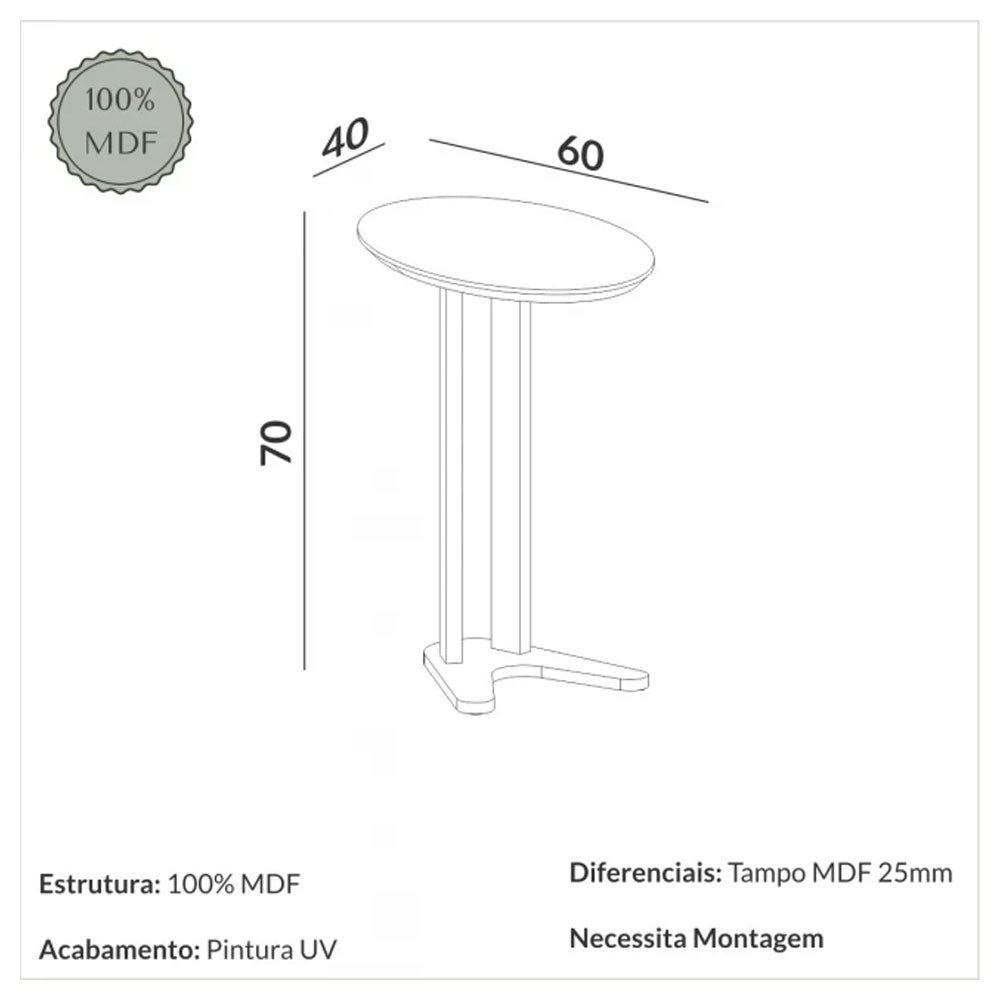 Mesa de Canto Oval Auxiliar para Sofá 60 Cm Preto Dalla Costa