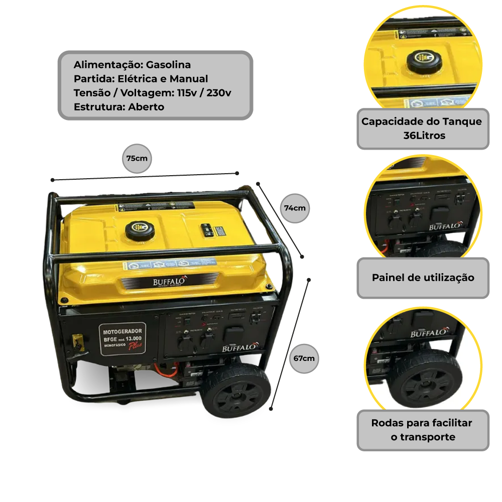 Gerador Elétrico a Gasolina Bfge 13000 Plus 13 Kva Monofásico 110/220v Buffalo
