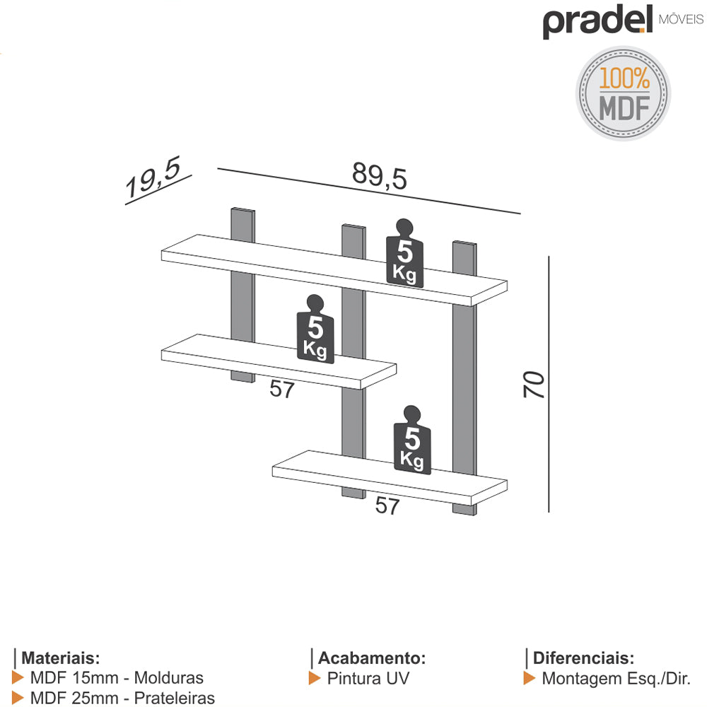 NICHO ESTANTE COM 3 PRATELEIRAS IINDUSTRIAL 89,5CMX70CM FREIJO PRETO FOSCO PRADEL