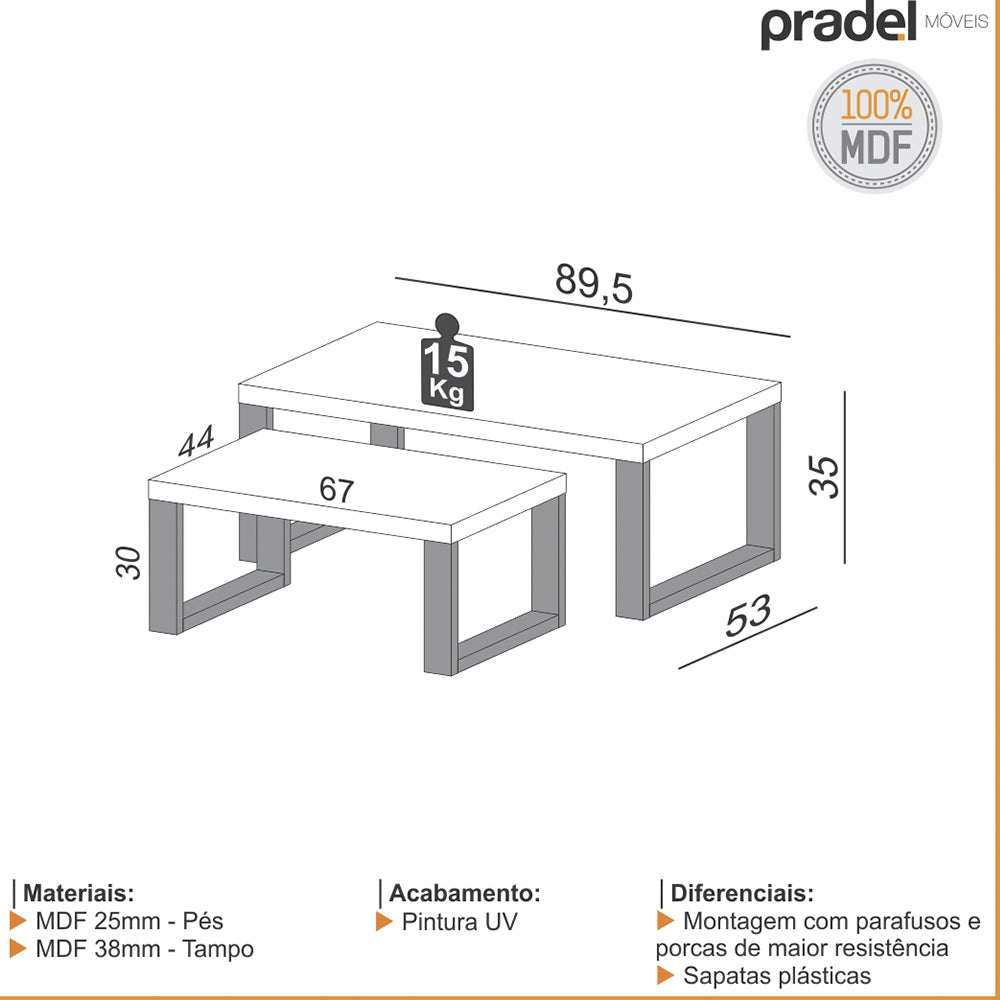 Kit Mesa de Centro Industrial 89,5x53cm Freijo Preto Fosco Pradel