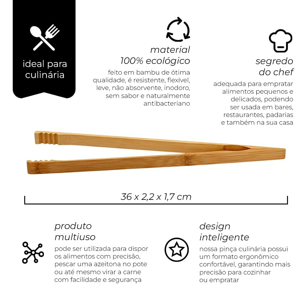 Pegador de Salada e Macarrão Pinça Culinária Reta Feita em Bambu Ecokitchen 36cm