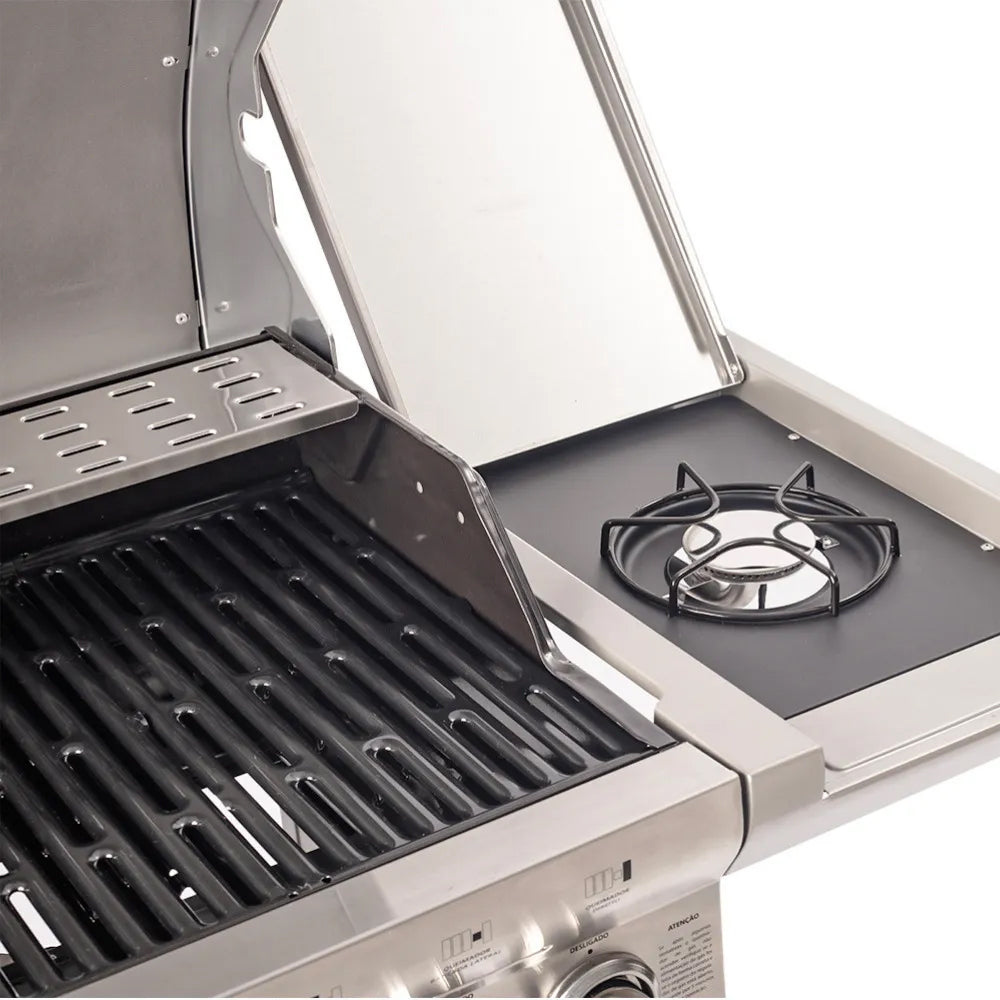 Churrasqueira a Gas de Carrinho Gourmet 4 Queimadores com 1 Queimador Lateral Inox Mimo Style