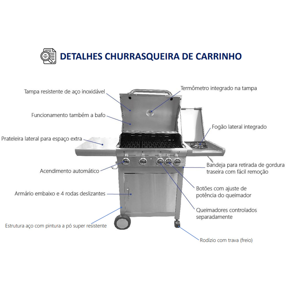 Churrasqueira a Gas de Carrinho Gourmet 4 Queimadores com 1 Queimador Lateral Inox Mimo Style