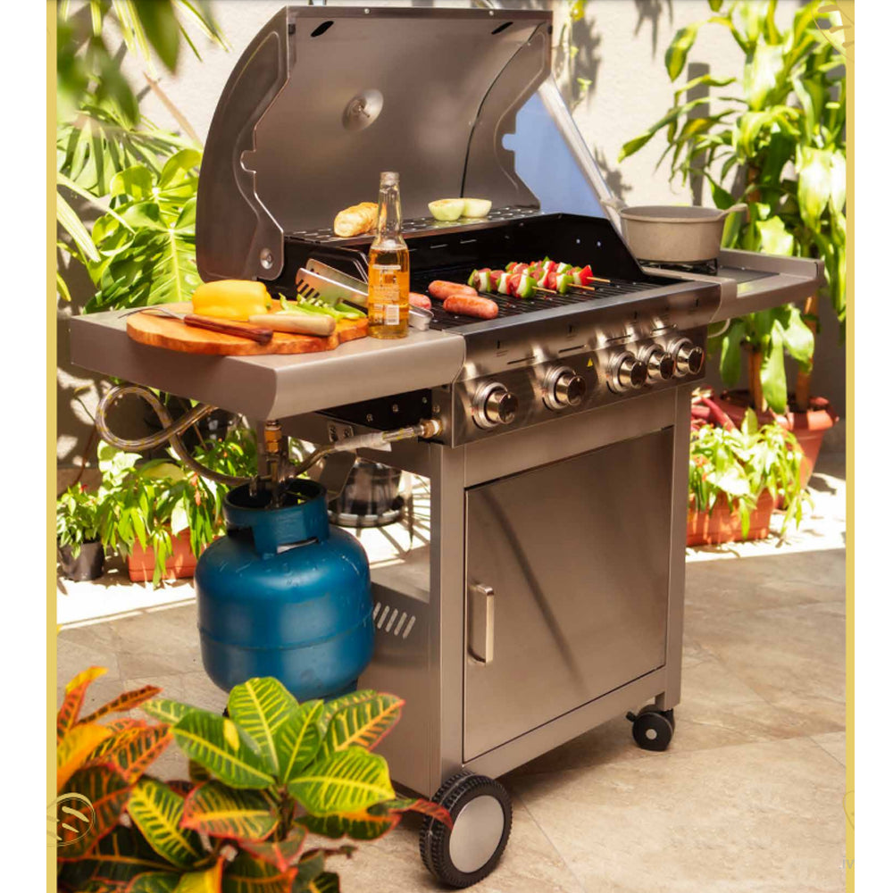 Churrasqueira a Gas de Carrinho Gourmet 4 Queimadores com 1 Queimador Lateral Inox Mimo Style