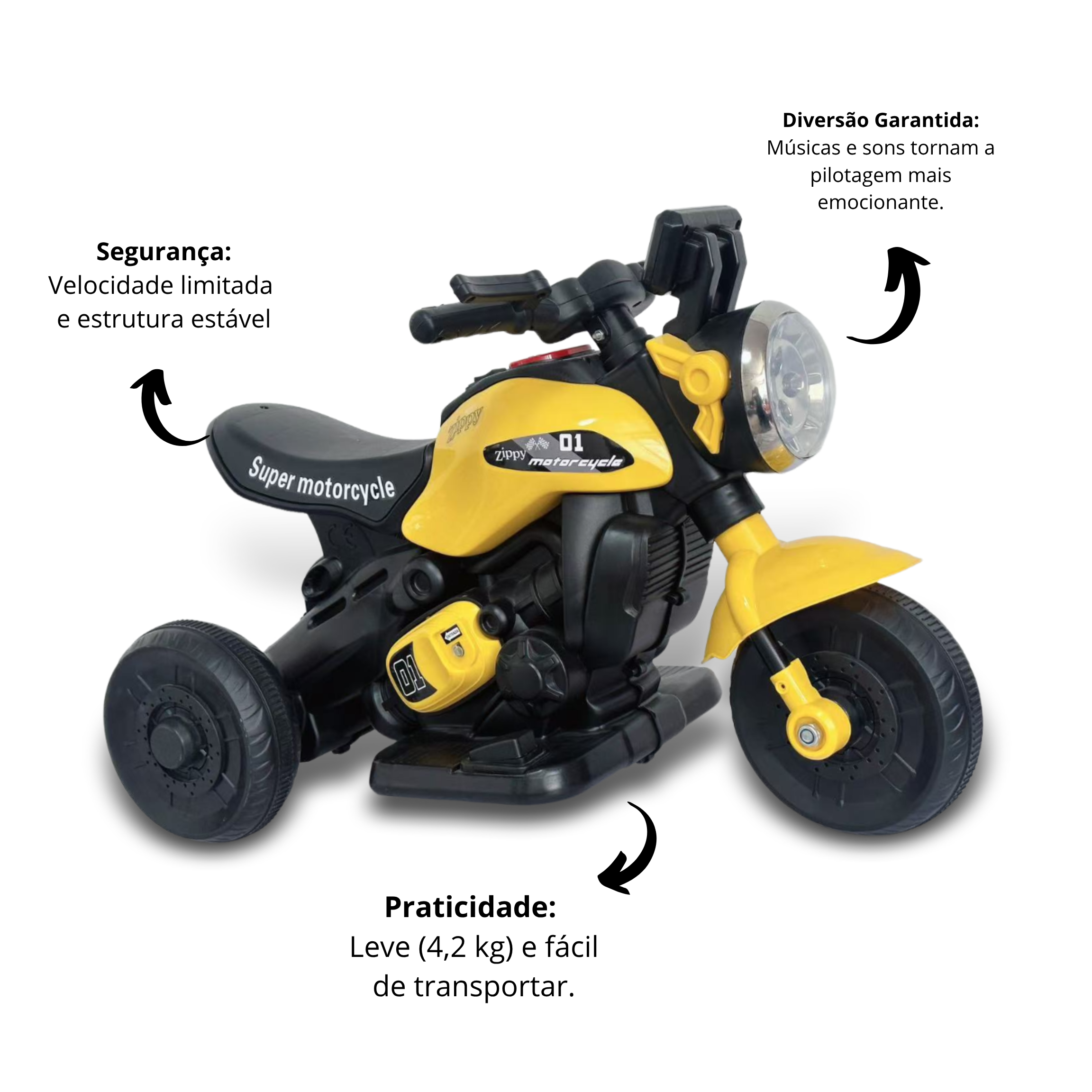 Mini Moto Elétrica Triciclo Infantil Zyppy 6V com Som e Música Amarela
