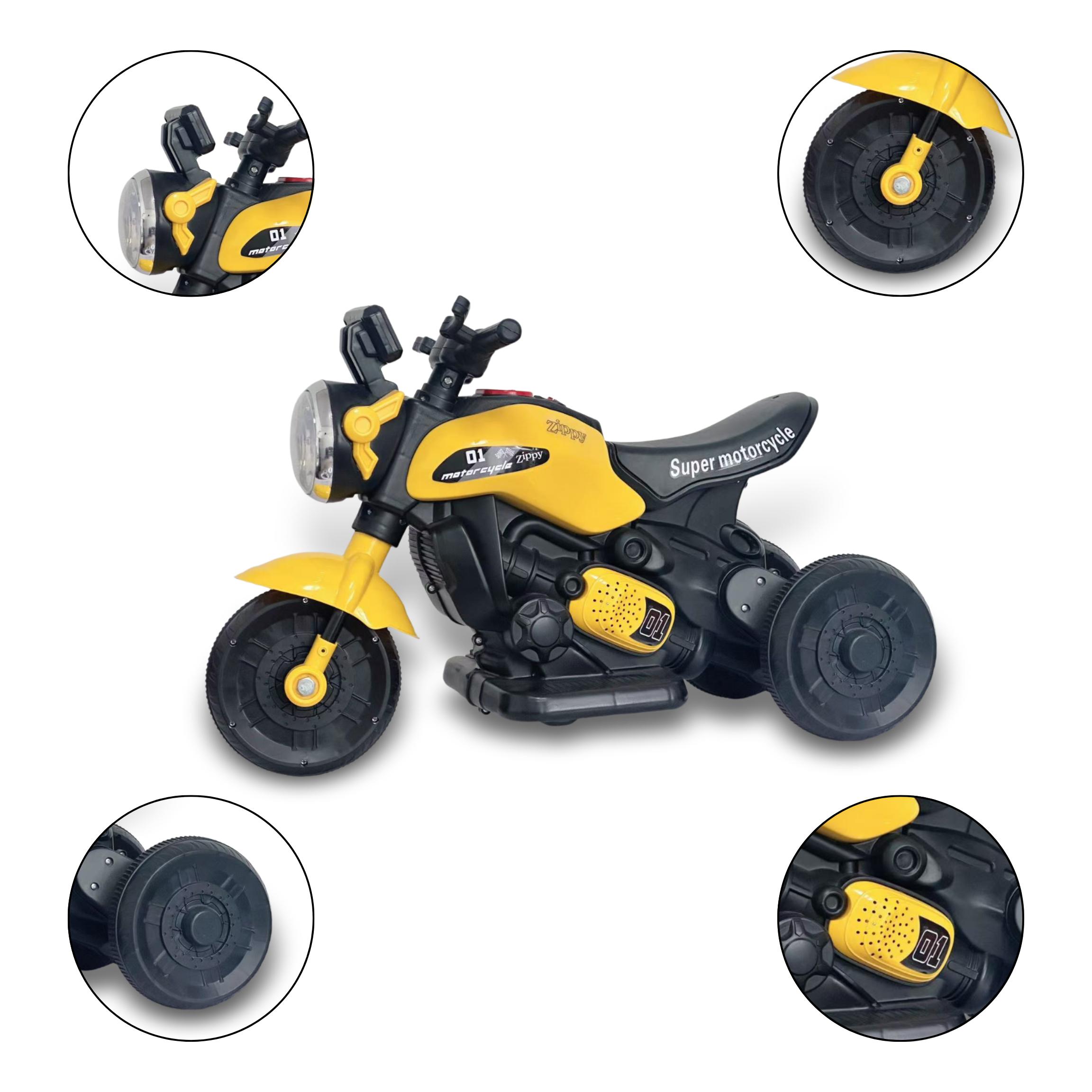 Mini Moto Elétrica Triciclo Infantil Zyppy 6V com Som e Música Amarela