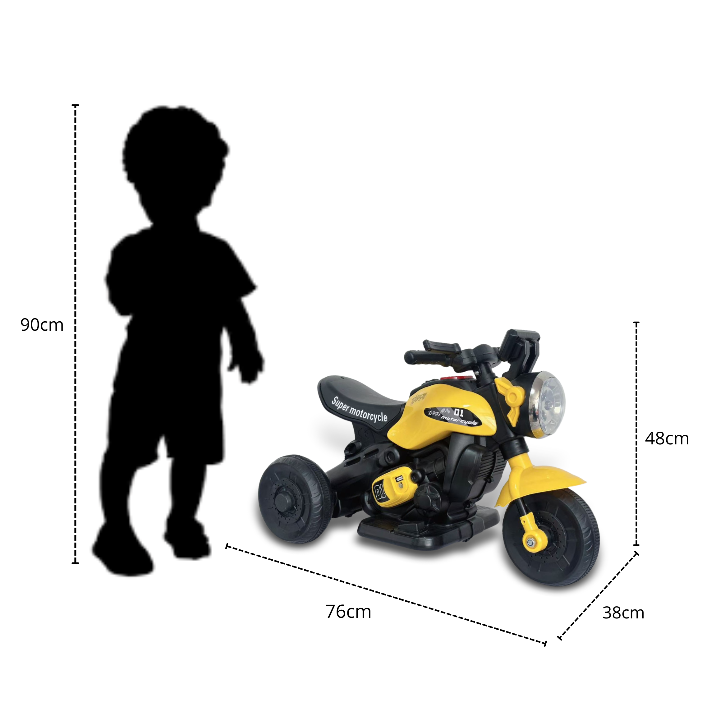 Mini Moto Elétrica Triciclo Infantil Zyppy 6V com Som e Música Amarela