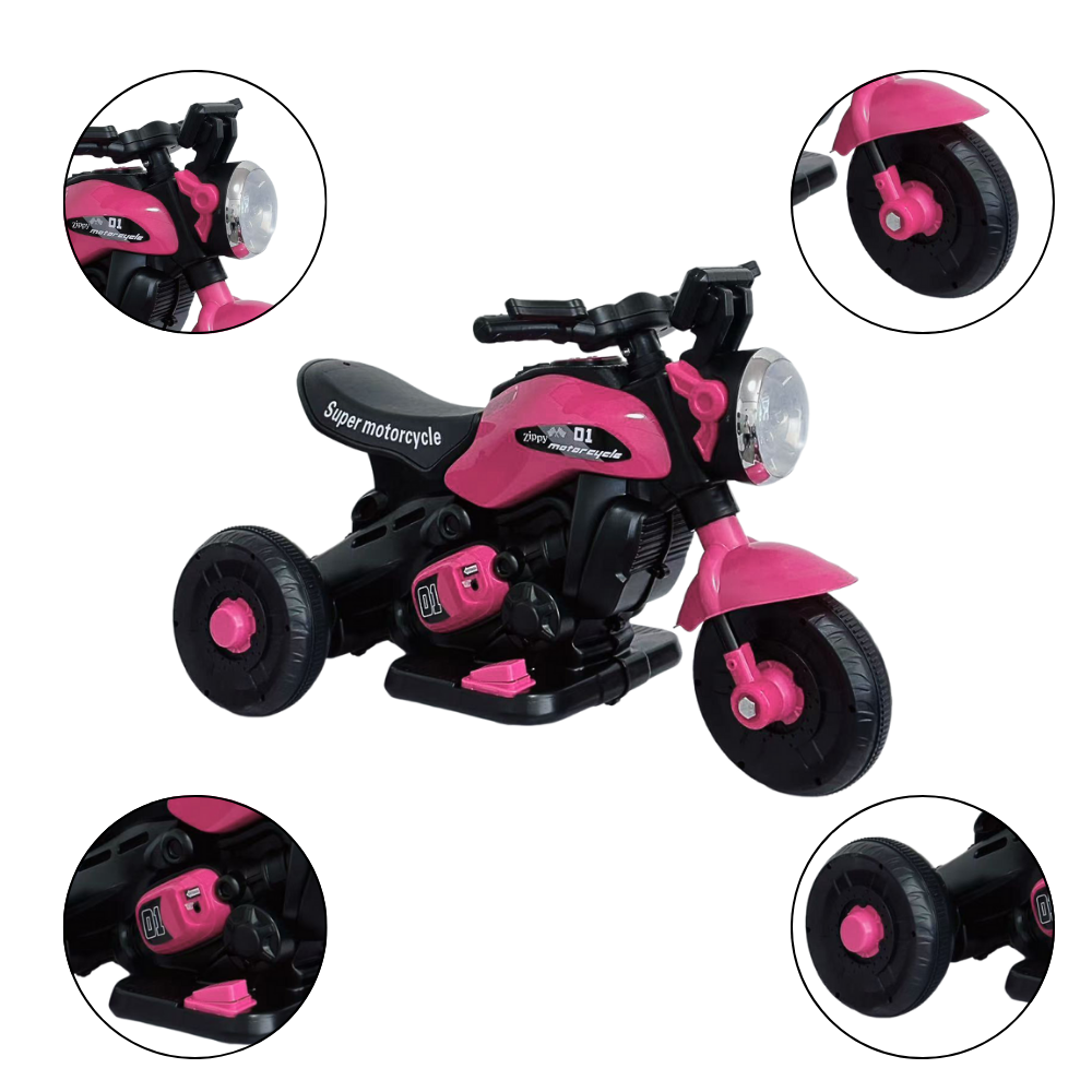 Mini Moto Elétrica Triciclo Infantil Zyppy 6V com Som e Música Rosa