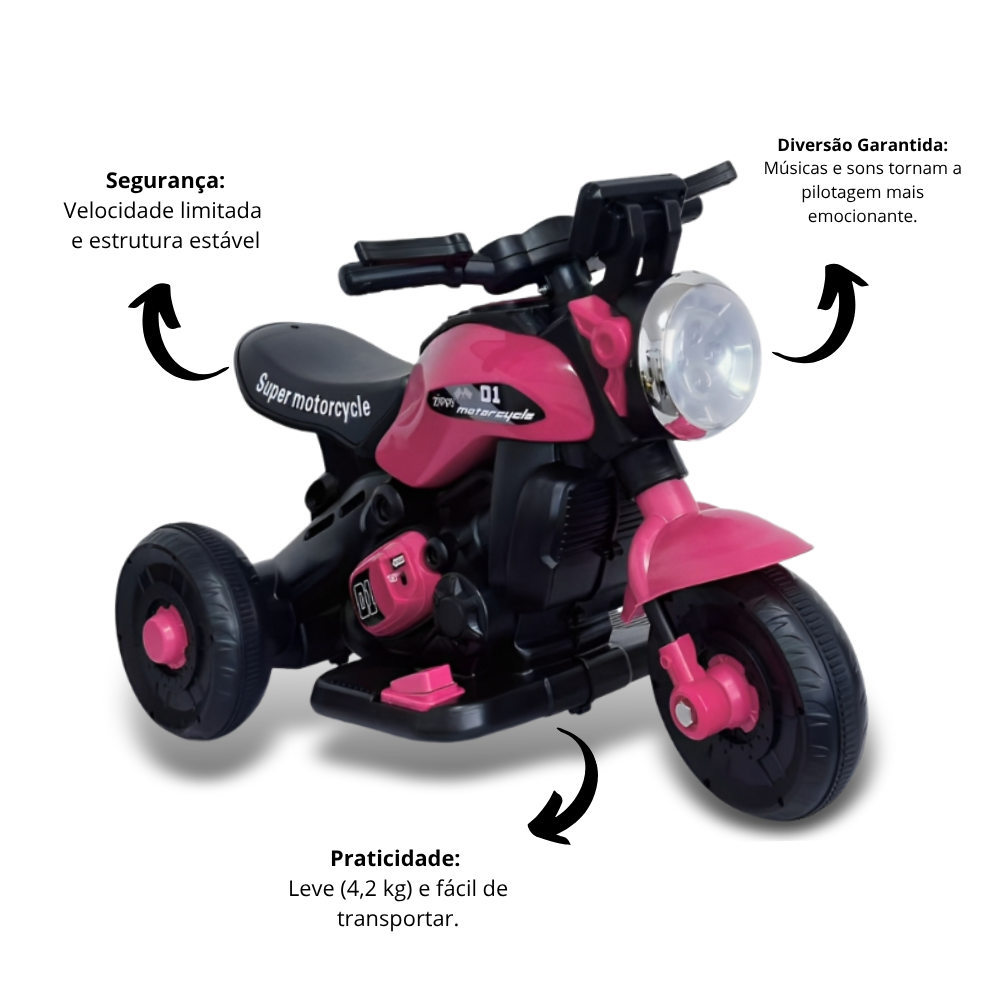 Mini Moto Elétrica Triciclo Infantil Zyppy 6V com Som e Música Rosa