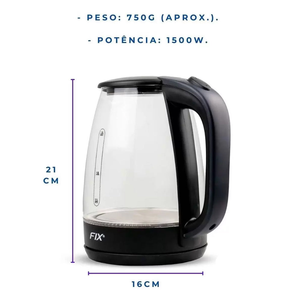 Jarra De Vidro Elétrica Chaleira Transparente Com Led 1,8 Litros