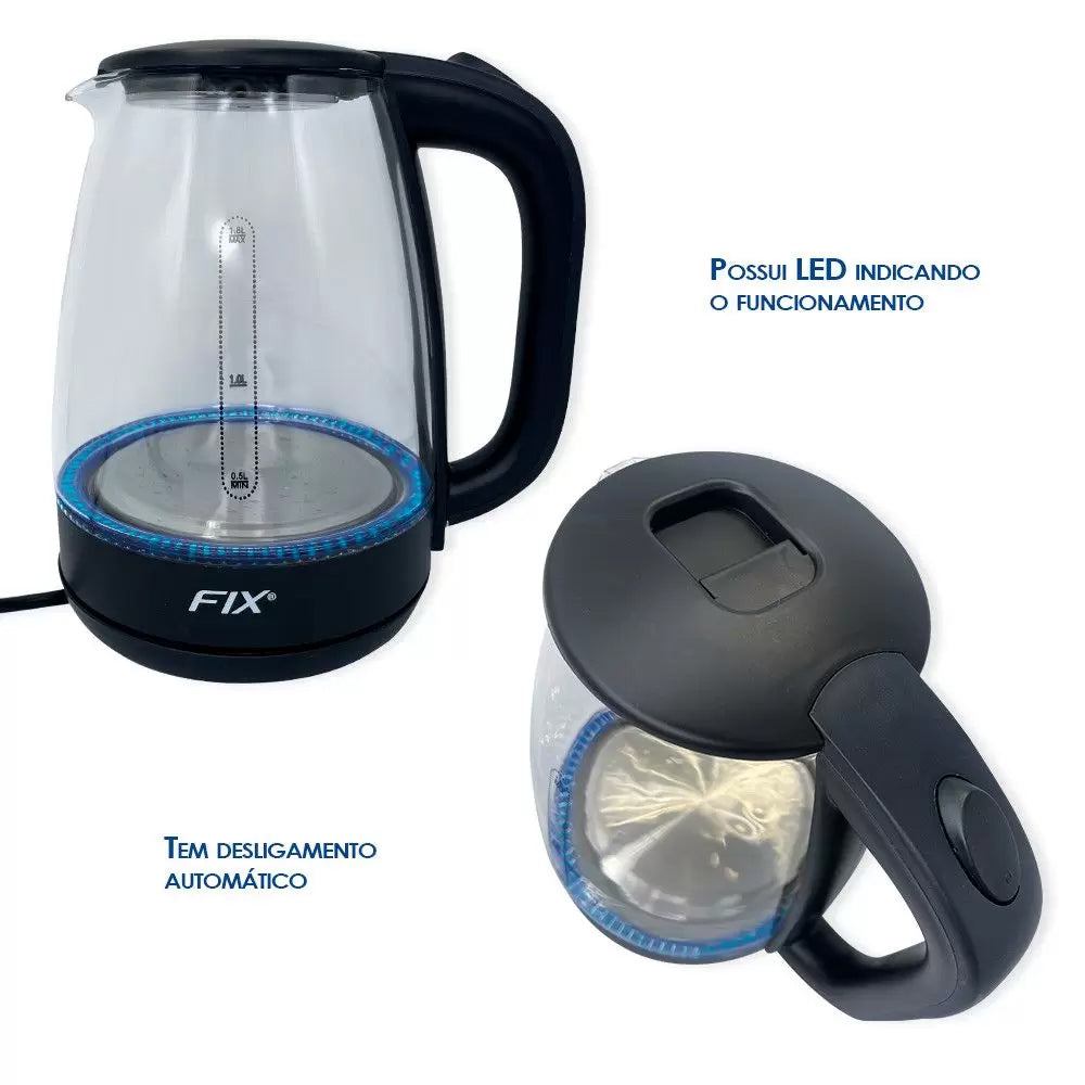 Jarra De Vidro Elétrica Chaleira Transparente Com Led 1,8 Litros